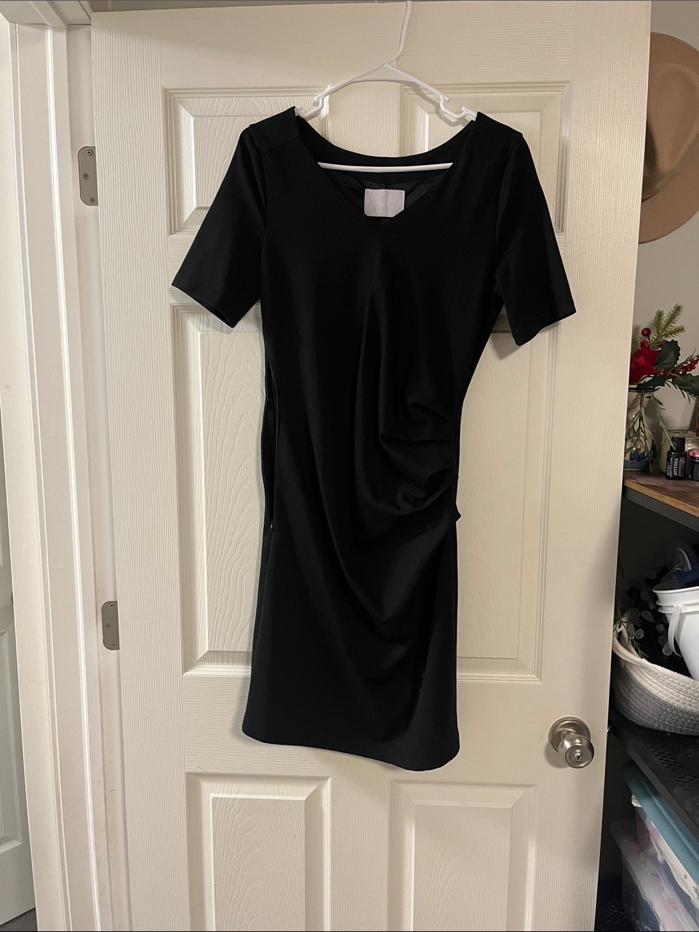 Black Short-Sleeve Midi Dress with Side Ruching